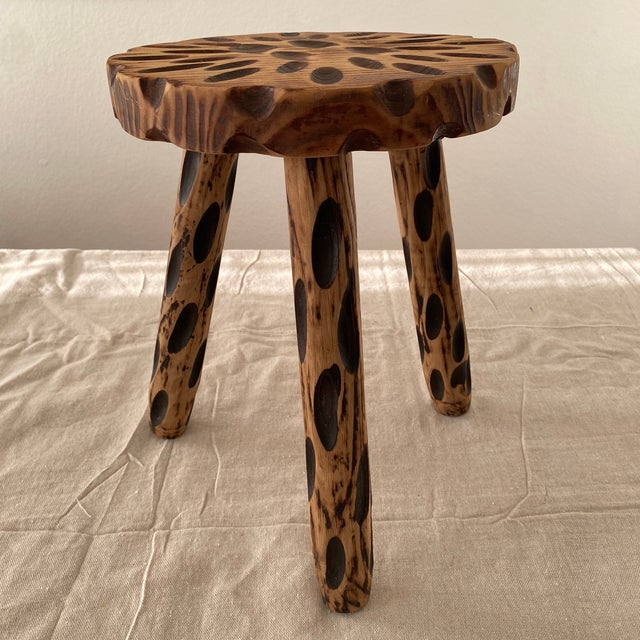 Rustic Vintage Brutalist Hand Carved Tripod Milking Stool For Sale - Image 3 of 12