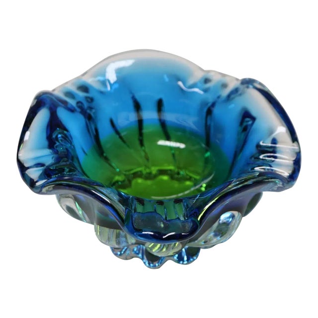 Vintage Italian Blue and Green Art Glass Ashtray / Decorative Footed Bowl For Sale