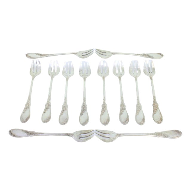 Silver Oyster Forks with Reliefs, Set of 12 For Sale