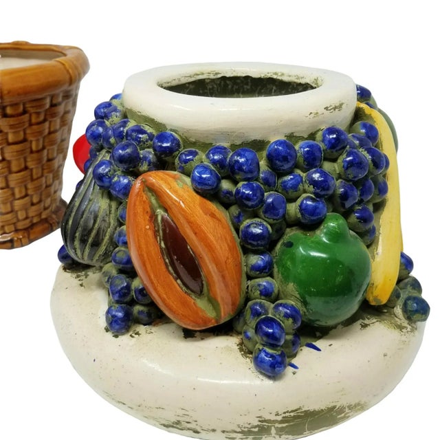 Figurative Vintage Topiary Porcelain Fruit Plant Stand With Basket Weave Cache Pot For Sale - Image 3 of 12