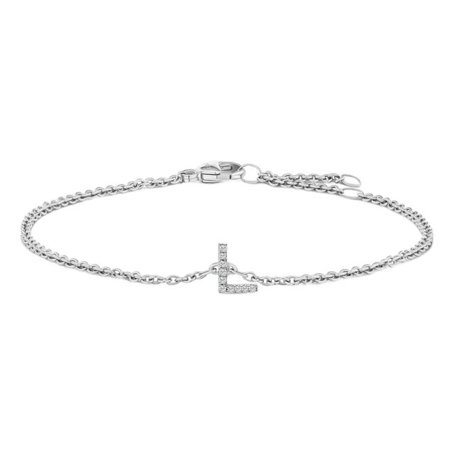 10K White Gold Diamond Accent "L" Initial Charm and Link Bracelet For Sale