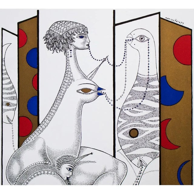 Rare exquisite original period gold leaf offset lithograph print Composition No. 1 by Swedish surrealist artist Max Walter...