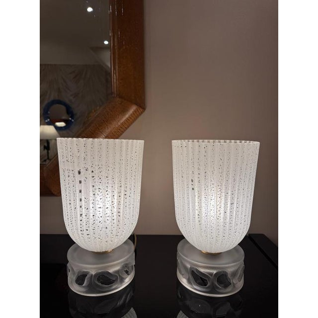 A beautiful pair of French Art Deco design torchiere/uplighter table lamps . Shades made entirely from acid etched ribbed...