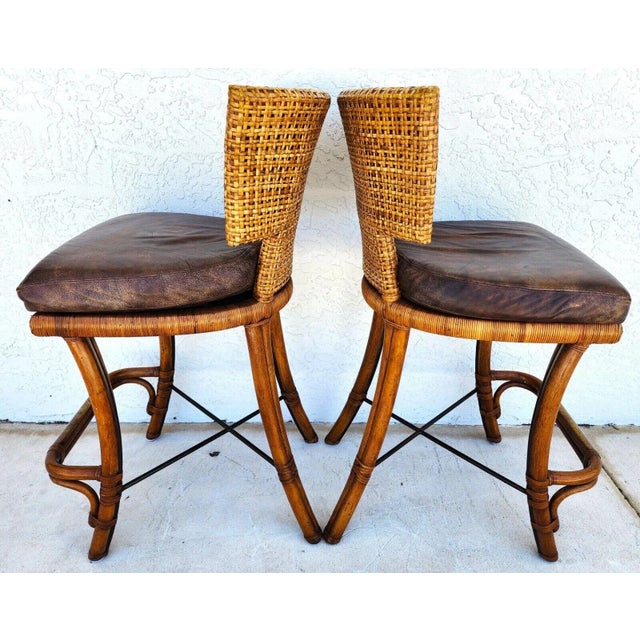 Brown Kreiss Bamboo Barstools Leather Pair For Sale - Image 8 of 13