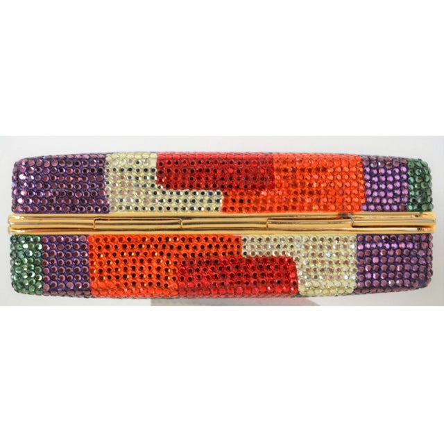 Metal 1990 Judith Leiber Evening Bag Vintage Pop Art Deco Red Black Green Gold Crystal Minaudière Clutch Shoulder Vintage For Sale - Image 7 of 11