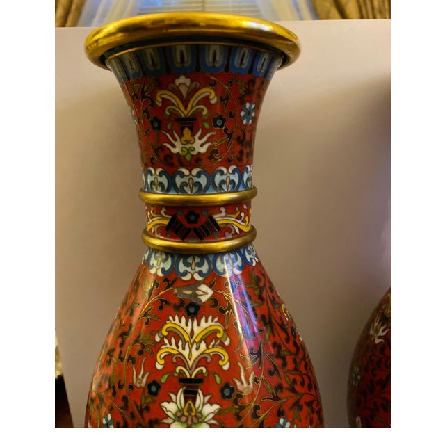 Pair of Gilt and Cloisonné Enamel Vases For Sale - Image 4 of 9