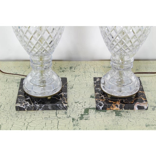Mid Century Cut Crystal Glass Table Lamps on Marble Bases a Pair