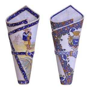 Pair of 19th Century French Porquier-Beau Quimper Faience Wall Vases