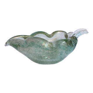 1950s Archimede Seguso Murano Glass Leaf Bowl Green Gold Bullicante For Sale