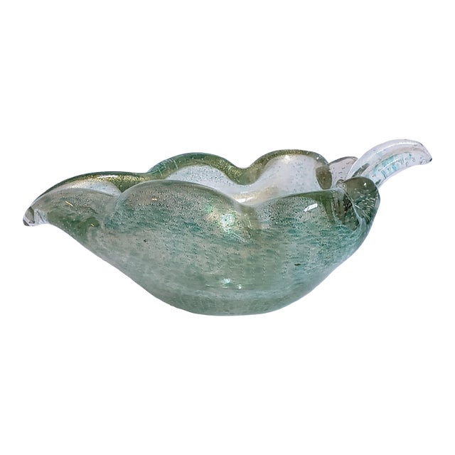 1950s Archimede Seguso Murano Glass Leaf Bowl Green Gold Bullicante For Sale