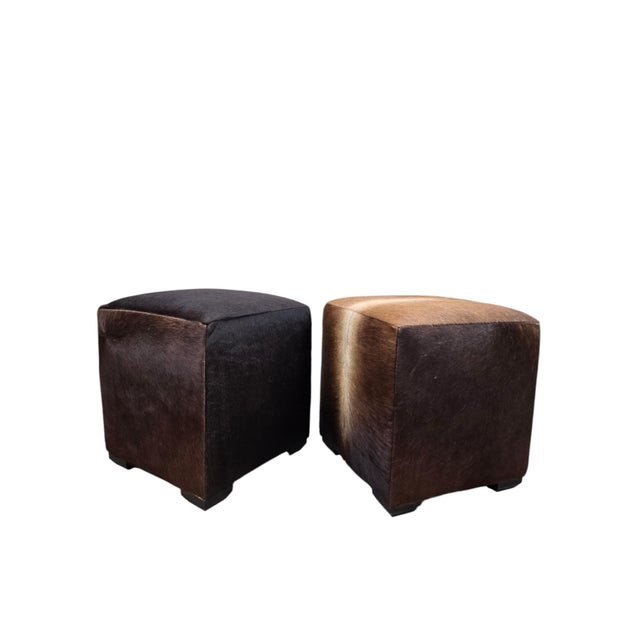 Mid 20th Century Cube Ottomans Newly Reupholstered in Genuine Hair-on-Hide Steer Hide - Pair For Sale - Image 10 of 12