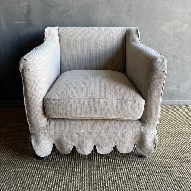 Linen Slip Covered Madison Chair With Scallop Skirt Detail and Down Cushion For Sale - Image 4 of 11