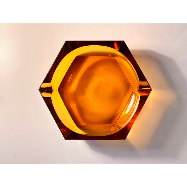Art Deco Faceted Cut Hexagonal Amber-Colored Crystal Glass Ashtray, Bohemia, Former Czechoslovakia, 1920s For Sale - Image 6 of 13
