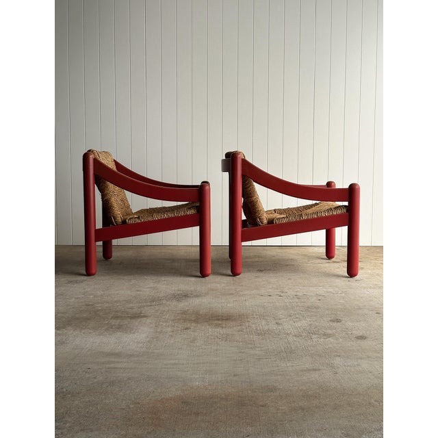 Wood Pair of Vintage Red Lacquered Rush Lounge Chairs, Attributed to Vico Magistretti For Sale - Image 7 of 18