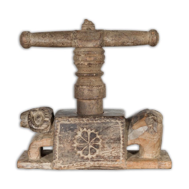 Indian Antique Wooden Hand Noodle Maker with Carved Ram and Vice Press For Sale - Image 4 of 12