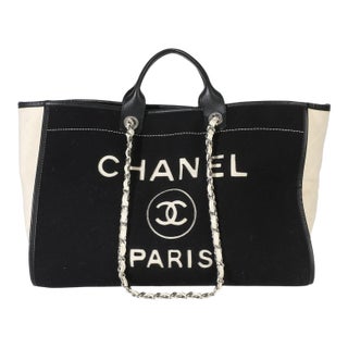 Black White Wool Calfskin Felt Large Deauville Tote For Sale