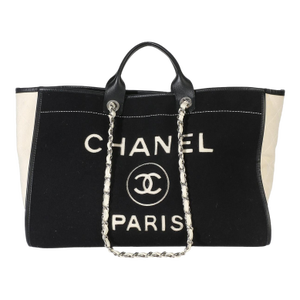 Black White Wool Calfskin Felt Large Deauville Tote
