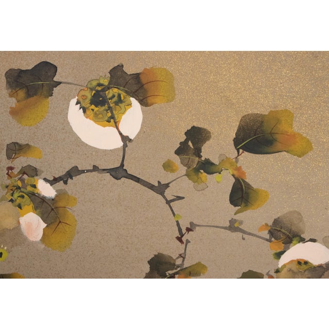 Wood "Sparrows and Persimmon", Showa Era Japanese Yamato-E Style Byobu Screen For Sale - Image 7 of 18
