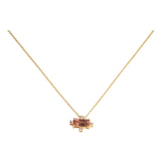 1990s 14K Gold Chain Necklace with Diamonds and Pink Tourmaline Center, Adjustable For Sale