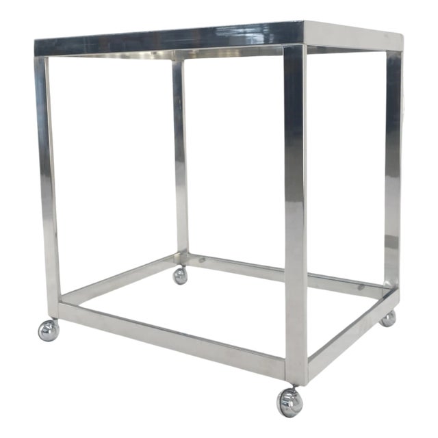 Polished Stainless Steel Box Shape Two Tier Serving Bar Cart Chrome Mid Century For Sale