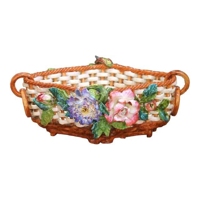 19th Century French Barbotine Porcelain Basket Jardinière With Flowers For Sale