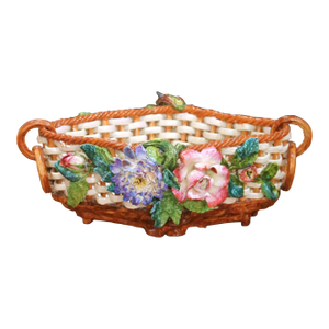 19th Century French Barbotine Porcelain Basket Jardinière With Flowers