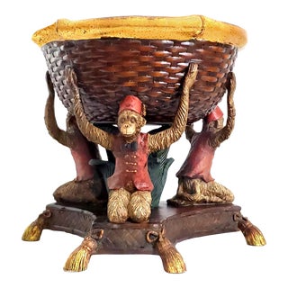 Extra Large Vintage Three Monkey Bowl or Vide Poche Catchall With Gold Leaf Interior and Faux Wicker Basket For Sale