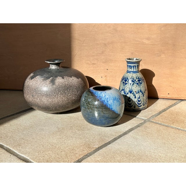Studio Ceramic Spherical Vase with Blue Flowing Glaze, Germany, 1970s For Sale - Image 14 of 15