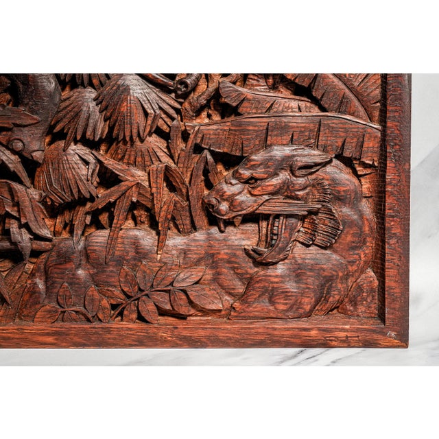Brown Fascinated Large Antique Colonial India Hand Carved Wood Plaque Anglo-Indian Elephant Tiger Safari Wall Panel British Raj Art Home Decor For Sale - Image 8 of 16