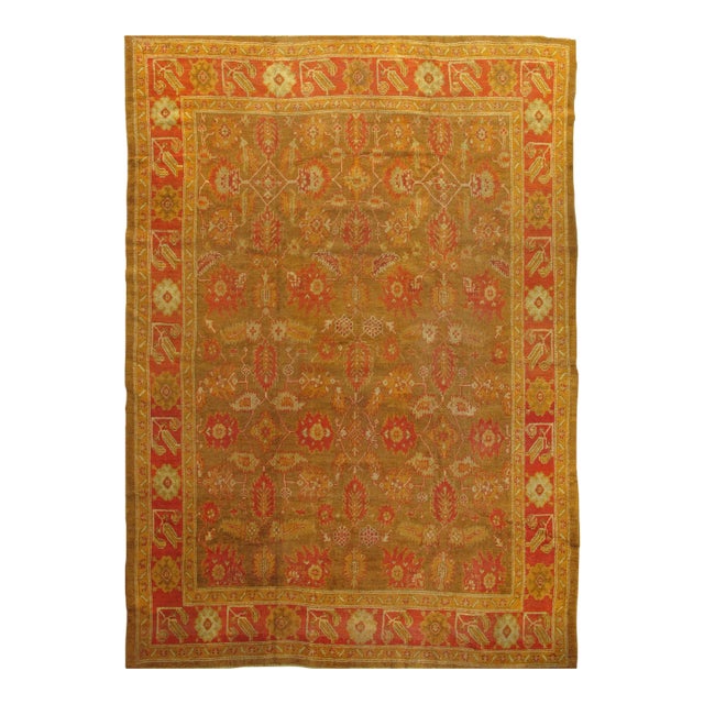 Antique Oushak Carpet, Oriental Rug, Handmade Green, Saffron, Ivory and Coral For Sale