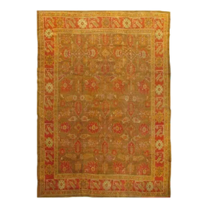 Antique Oushak Carpet, Oriental Rug, Handmade Green, Saffron, Ivory and Coral