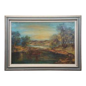 T. Birker 1945 Landscape Seascape Boat Oil Painting on Canvas 43"