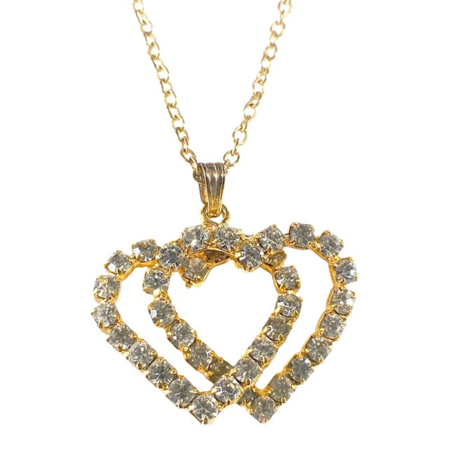 Gold Tone and Rhinestone Interlocked Hanging Hearts Pendant Jewels by Rio For Sale