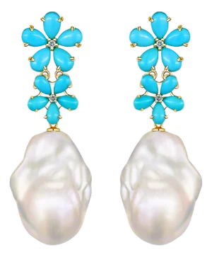 Nina Zhou Turquoise Diamond Blossom & Baroque Pearl Convertible Drop Earrings in 14k Yellow Gold - A Pair