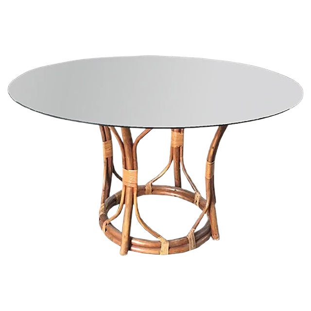 Mid-Century Modern Italian Bamboo Table with Glass Top, 1970s For Sale