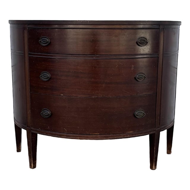 Vintage Mahogany Demilune Dresser| Federal Revival Bow Front Chest | Traditional Colonial Style Bedroom Storage Accent Furniture | Dark Wood For Sale
