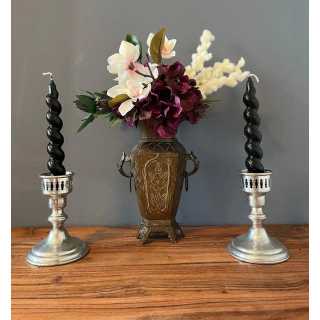Gorgeous pair of Empire Pewter Candle holders. Very decorative pieces. They are in very good vintage condition.Normal wear...