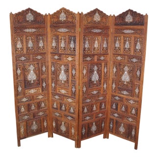 Anglo-Indian Pierced Teak Camel Bone Inlaid Folding Screen Room Divider Boho Chic For Sale