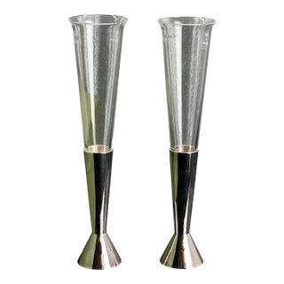 Late 20th Century New Pair of Christofle Silverplated & Glass Bud Vases 8.5 in High W/Original Box For Sale