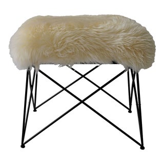 Vintage Iron Stool Mid Century Modern With Sheepskin Seat For Sale