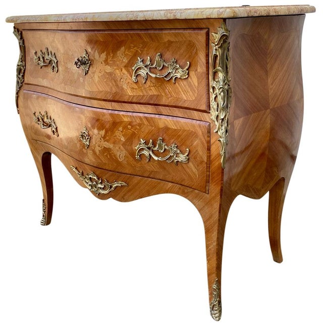 Louis XV Style Chest of Drawers in Marquetry and Veined Marble, 1930s For Sale - Image 6 of 11