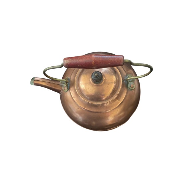 Farmhouse Vintage Mid Century Revere Ware Copper Tea Kettle Brass/Wood Trim For Sale - Image 3 of 7