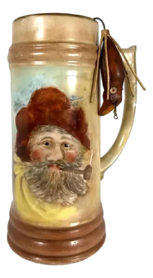 Early 20th Century Limoges Style Ozarks Hillbilly Mug with Fishing Lure