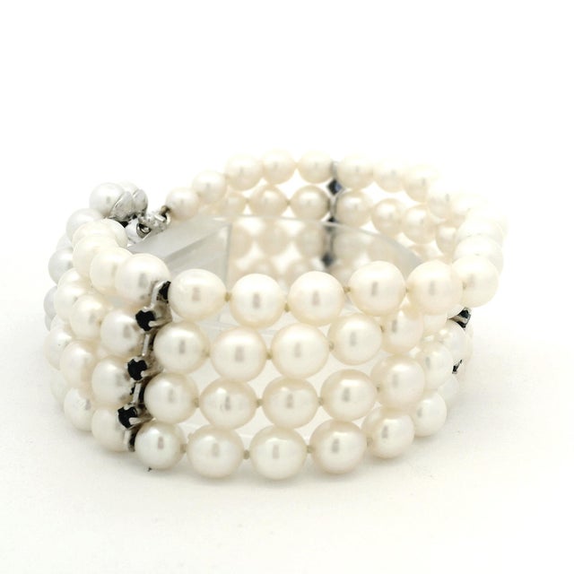 Metal Vintage Retro Multi-Strand Pearl and Sapphire 14k White Gold Bracelet For Sale - Image 7 of 15