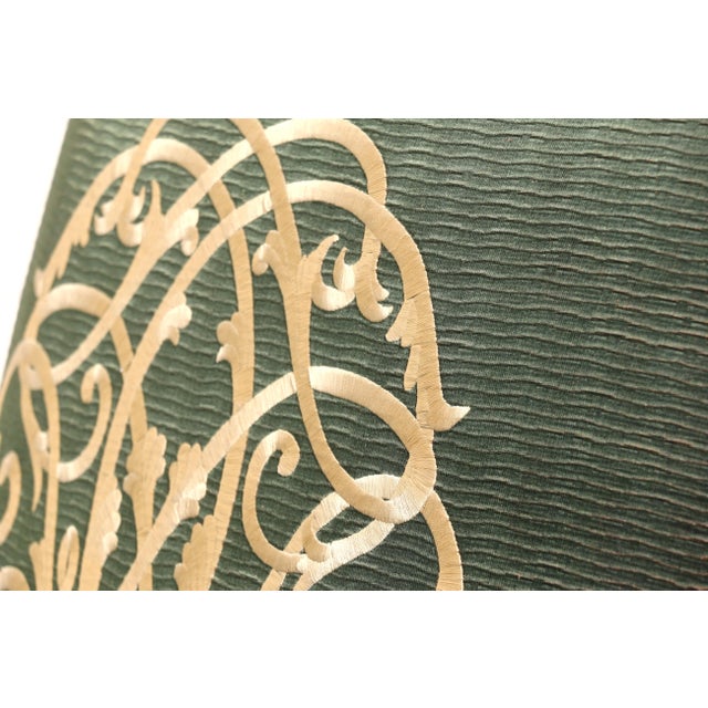 Pair of Antique High Back Throne Armchairs | Green Upholstery & Gold Monogram | Early 20th Century For Sale - Image 4 of 18