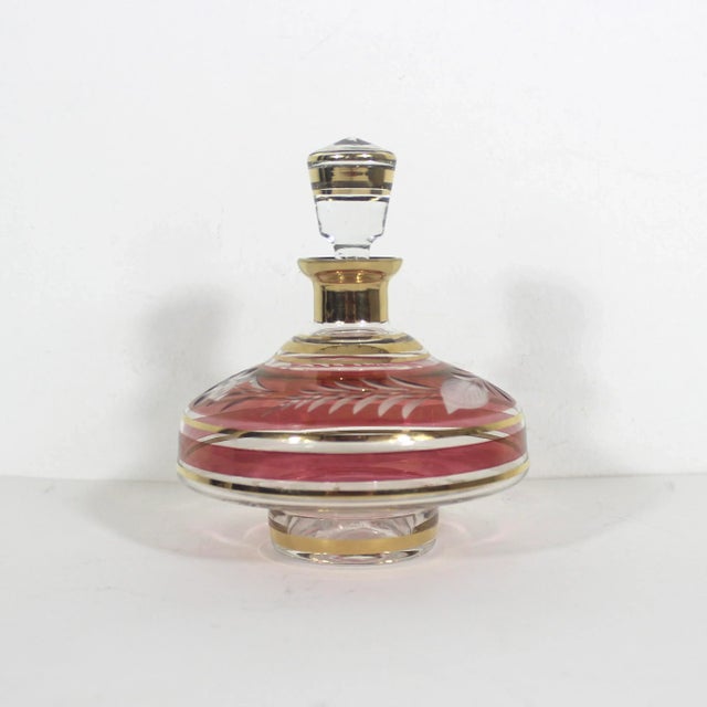 Traditional Vintage Bohemian Cut Cranberry and Gold Glass Bottle With Stopper For Sale - Image 3 of 10
