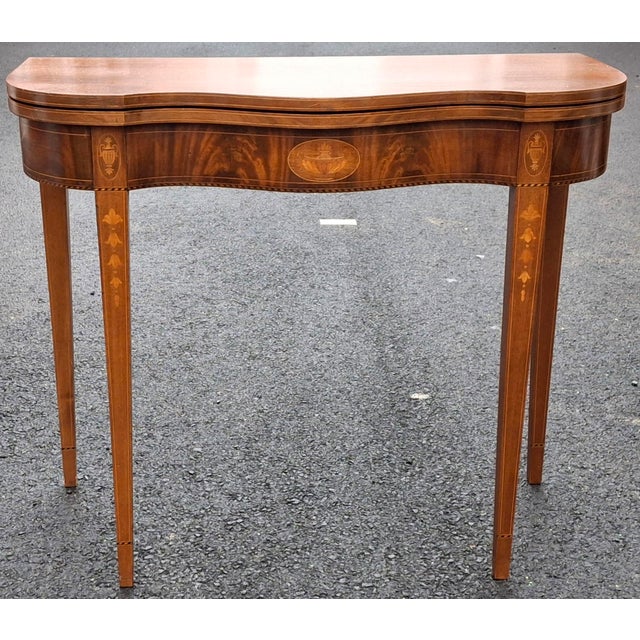 Pair of 19th Century Federal Satinwood Inlaid Mahogany Fold Top Card or Console Tables For Sale - Image 10 of 15