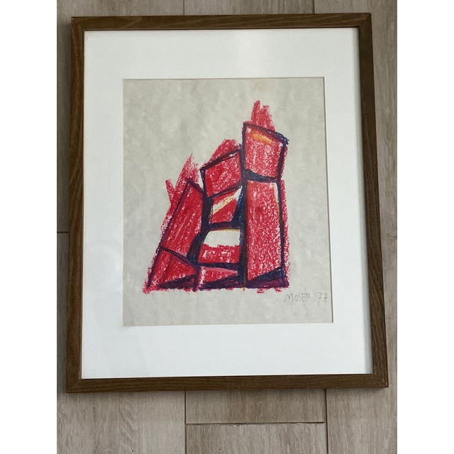 Abstract Wilfred Moser Original Oil Stick on Paper Painting, Signed and Framed, Dated 77 For Sale - Image 3 of 7