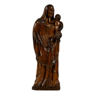 Olive Wood Virgin & Child Sculpture, Late 19th Century For Sale
