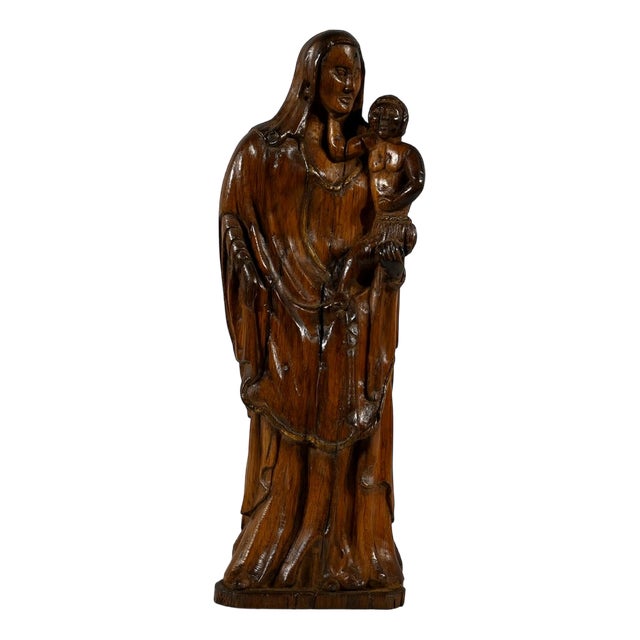 Olive Wood Virgin & Child Sculpture, Late 19th Century For Sale